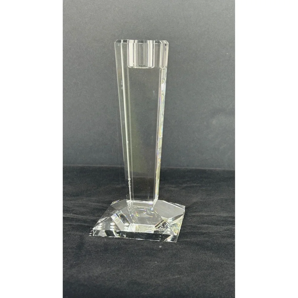 Oleg Cassini Crystal Candlestick Holder Signed Tapered Geometric Clear Glass 6in